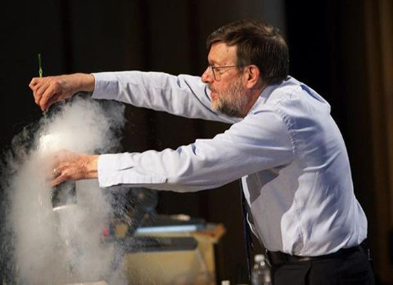 William Phillips plays with his favourite prop: liquid nitrogen — Photo courtesy of Perimeter Institute