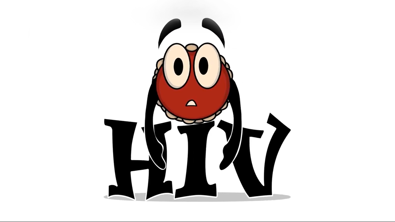 Bold black HIV lettering with shadow and a round red character with eyebrows floating above its head.